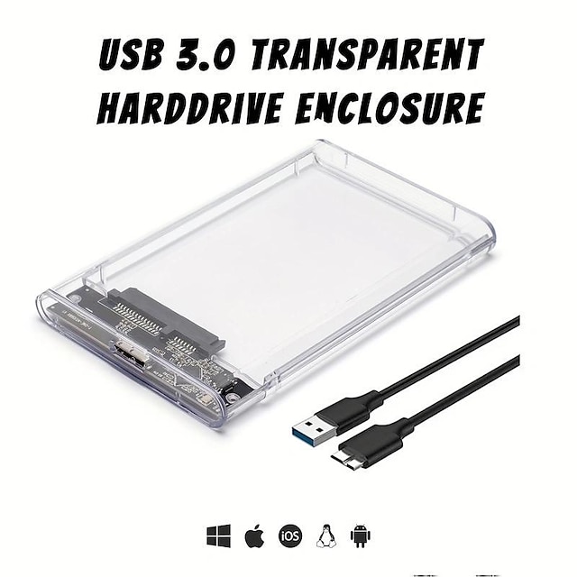  Festplattengehäuse 2,5 USB 3.0 SATA-Gehäuse transparenter externer Caddy HDD SSD