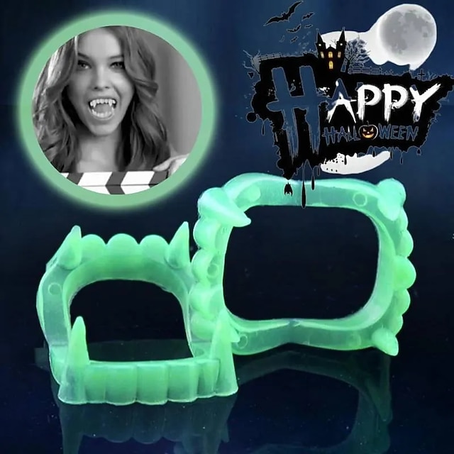  5 bucăți dentară de vampir pentru Halloween, accesorii luminoase pentru îmbrăcăminte, dinți de groază de zombi, dinți de tigru falși, bretele dentare luminoase