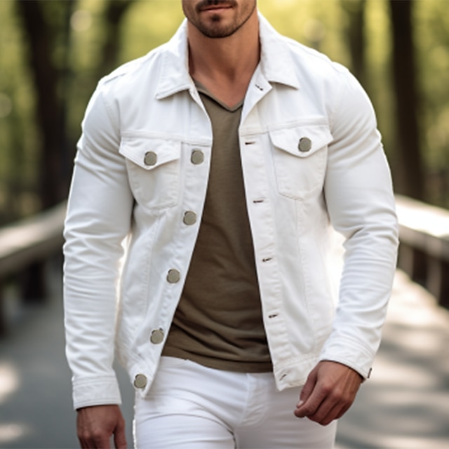  Men's Jacket Casual Jacket Outdoor Daily Wear Spring Fall Plain Fashion Streetwear Lapel Regular Black White Jacket