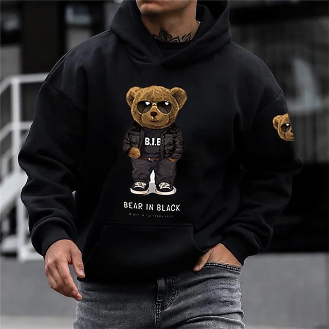  Christmas Teddy Bear And Robot Mens Graphic Hoodie Pullover Sweatshirt Black+Brown White Pink Hooded Prints Daily Sports Streetwear Designer Basic Robotic Cotton Black+White