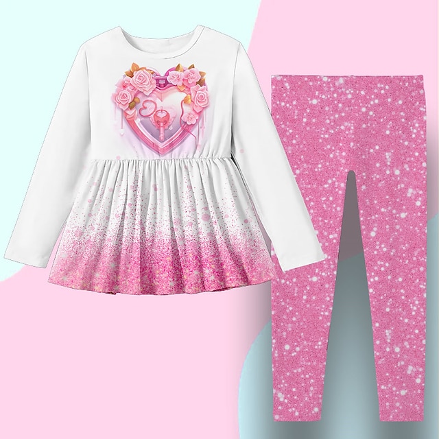  Fete 3D Grafic Inimă Tricou și Pantaloni Set rochii Set de îmbrăcăminte Roz Manșon Lung Tipărire 3D Primăvară Toamnă Iarnă Activ Modă Zilnic Poliester Copii 3-12 ani În aer liber Dată Vacanță Fit