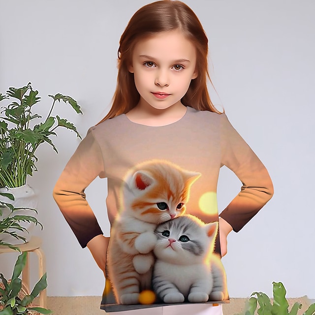  Voor meisjes 3D Grafisch Tekenfilm Kat T-shirt Lange mouw 3D-afdrukken Zomer Herfst Actief Modieus leuke Style Polyester Kinderen 3-12 jaar Buiten Casual Dagelijks Normale pasvorm