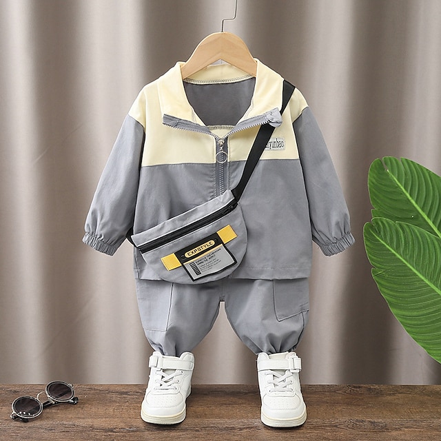  3 Pieces Toddler Boys Jacket & Pants Outfit Color Block Letter Long Sleeve Zipper Cotton Set Outdoor Fashion Cool Daily Spring Fall 3-7 Years Green Gray