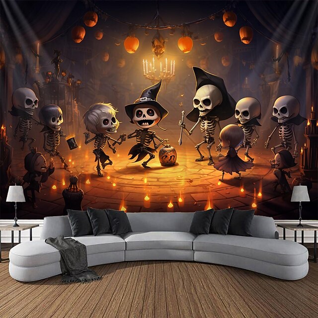 Halloween Decorations Skeleton Hanging Tapestry Wall Art Large Tapestry Pumpkin Skull Mural Decor Photograph Backdrop Blanket Curtain Home Bedroom Living Room 10