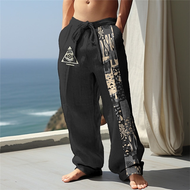  Men's Color Block Graphic Prints Linen Pants Trousers Summer Pants Mid Waist Ethnic Style Retro Vintage Casual Daily Holiday Drawstring Elastic Waist 3D Print Spring & Summer 3D Print Black Green
