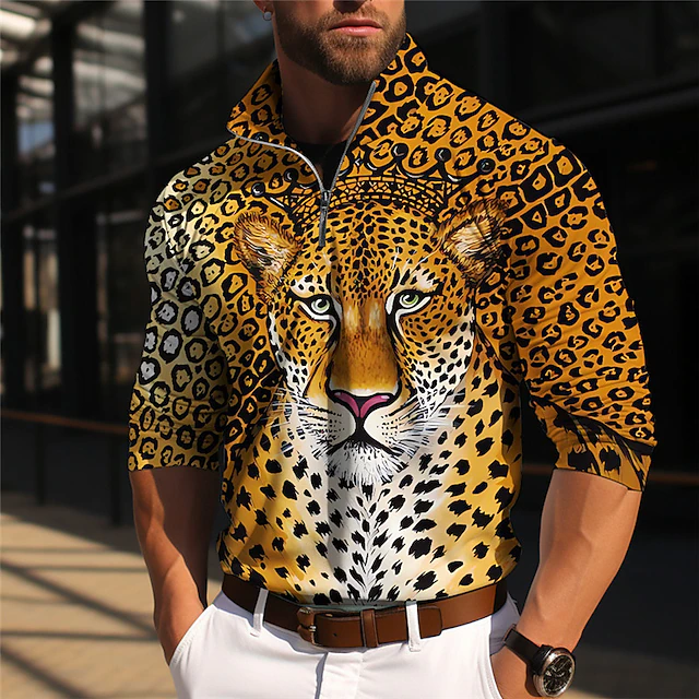 Men's Animal Leopard Long Sleeve Polo Shirts Zip Casual Outdoor Casual Daily Streetwear 3D Print Fall & Winter Yellow Dark Pink Blue4