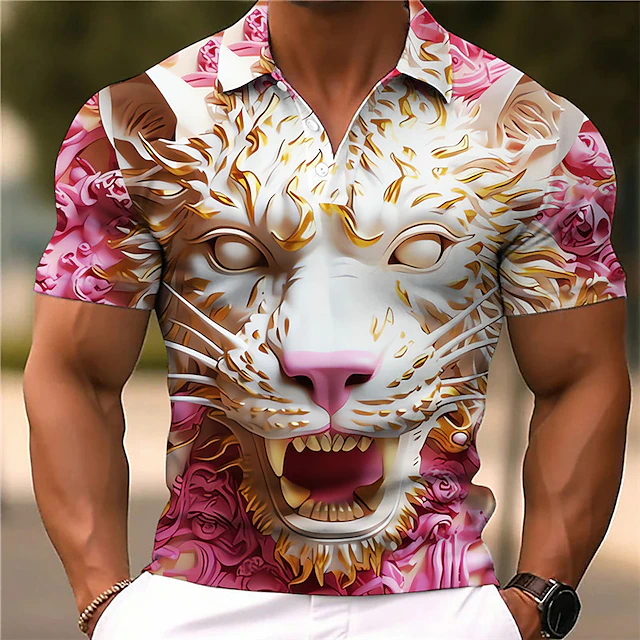 Men's Polo Shirts Golf Shirt Short Sleeve Polo Shirts Collared Shirts Casual Funny Vacation Wear Party Outfits Buttons 3D Print Spring & Fall White Pink Purple 6