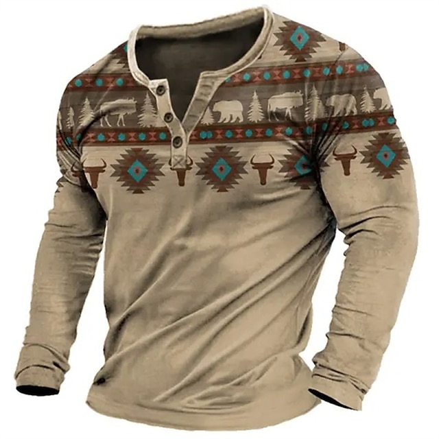  Men's Henley Shirt Graphic Tribal Henley Clothing Apparel 3D Print Outdoor Daily Long Sleeve Print Button-Down Fashion Designer Comfortable