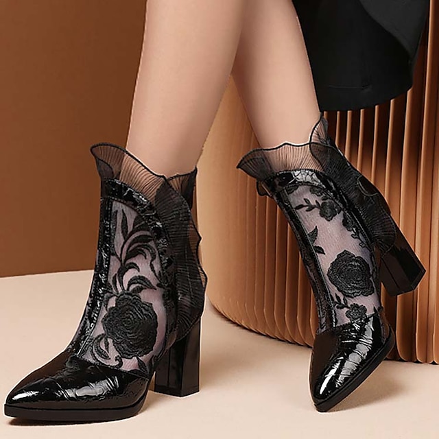  Women's Boots Booties Ankle Boots Party Floral Embroidered Winter Zipper Chunky Heel Pointed Toe Elegant Vintage PU Loafer Black
