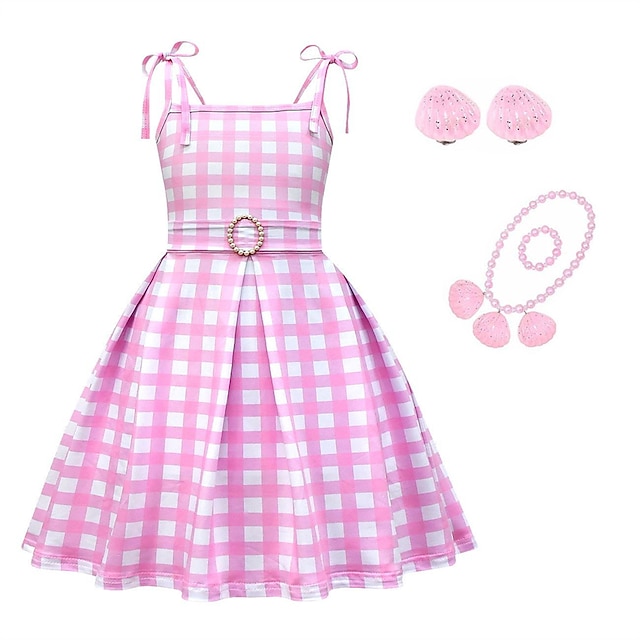  Girls' Pink Dress Plaid Sleeveless Outdoor Casual Backless Vacation Fashion Daily Cotton Mini Casual Dress Skater Dress A Line Dress Summer Spring 2-12 Years 81586+ Bracelet Necklace Earrings