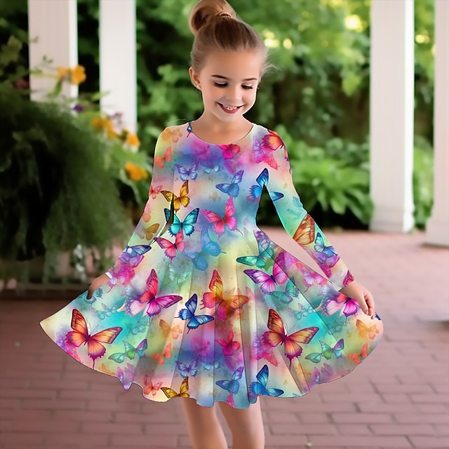  Girls ' 3D Mariposa Vestido Manga Larga Impresión 3D Otoño Invierno Deporte Diario Festivos Estilo lindo Casual Hermosa Niños 3-12 años Vestido informal Vestido de una línea Sobre la rodilla Poliéster