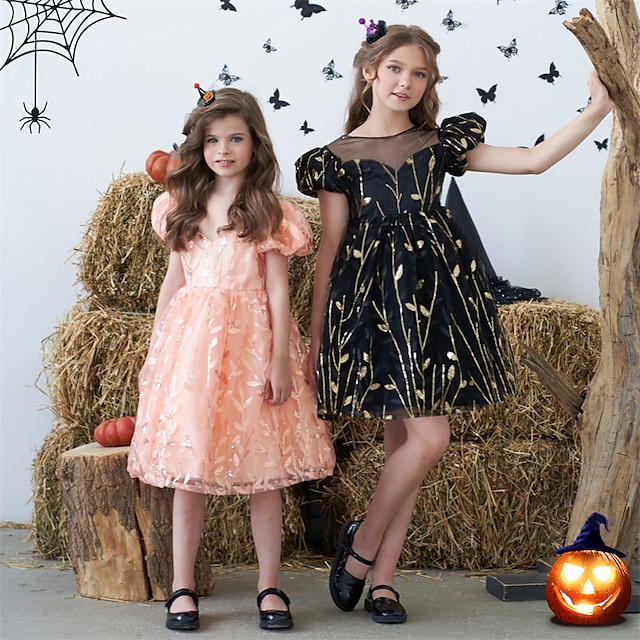  Toddler Girls' Dress Leaf Witch costume kids halloween custome Short Sleeve Wedding Party Outdoor Sequins Mesh Embroidered Fashion Cute Cotton Blend Knee-length Sequin Dress Party Dress Swing Dress