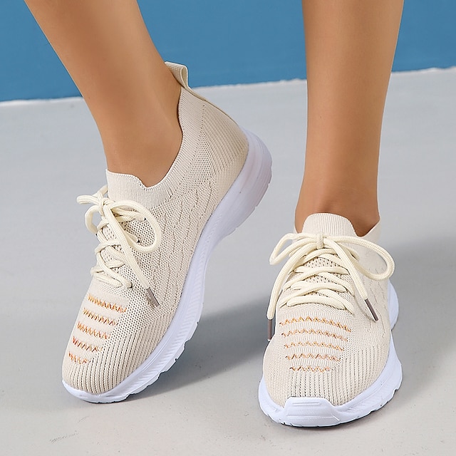  Women's Sneakers Plus Size Outdoor Daily Solid Color Summer Flat Heel Round Toe Sporty Casual Comfort Running Walking Tissage Volant Elastic Band Black Orange Beige