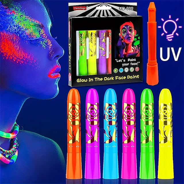  6 stk UV-glødende kropps- og ansiktsmalingsett - fluorescerende fargestifter for voksne - perfekt for bursdagsfester, halloween og maskerader