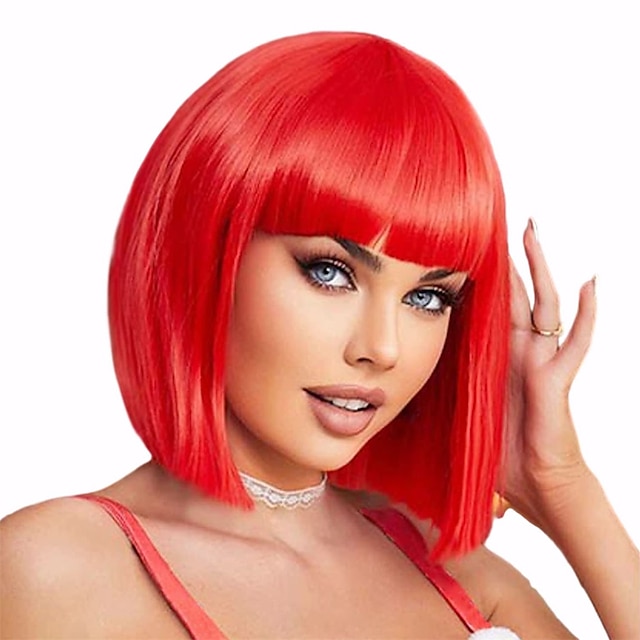  Czerwony bob peruka z grzywką 12 cali krótkie włókno syntetyczne bob peruki dla kobiet peruki z krótkim bobem i halloween cosplay bob peruka
