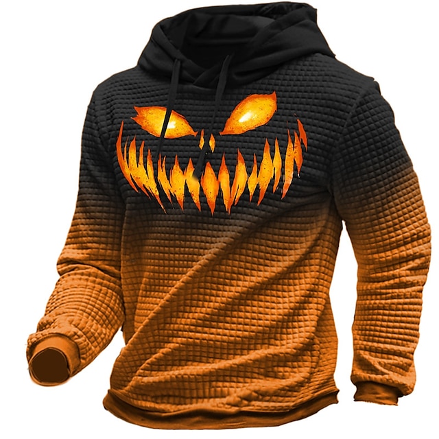  Halloween Pumpkin Head Hoodie Mens Graphic Color Block Prints Monster Daily Classic Casual 3D Pullover Holiday Going Out Hoodies Waffle Yellow Red Orange Squares Black Face Cotton