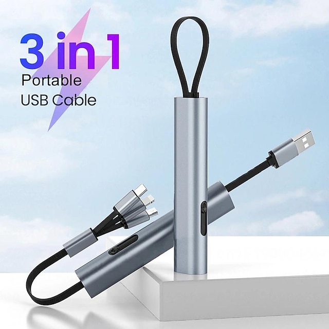  Metal 3in1 Fast Charging USB Cable for iPhone Samsung Huawei Hidden Multi Retractable Micro USB C Charger Cable Creative Gifts