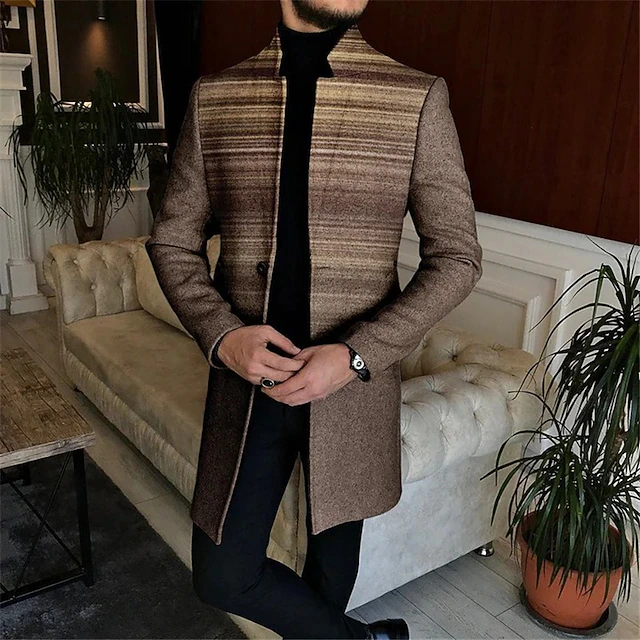 Men's Stripe Geometry Winter Coat Overcoat Coat Warm Comfortable Breathable Fashion Streetwear Business Work Wear to work Going out Pocket Print Fall & Winter Turndown Long Sleeve Black Blue Green 5