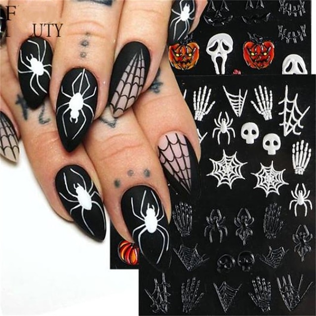  halloween dekorativní nálepka na nehty lebka hlava pavouk kost dýně reliéfní nálepka na nehty halloween dekorace kostry