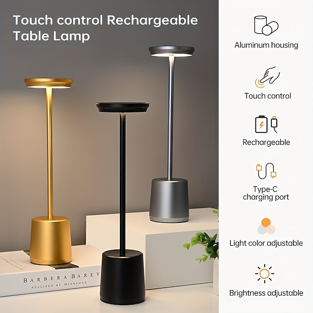  Cordless Table Lamp Rechargeable LED Touch Lamp 3 Color Stepless Dimming Table Light Desk Lamp for Restaurant Bedroom Bar Patio Indoor Outdoor