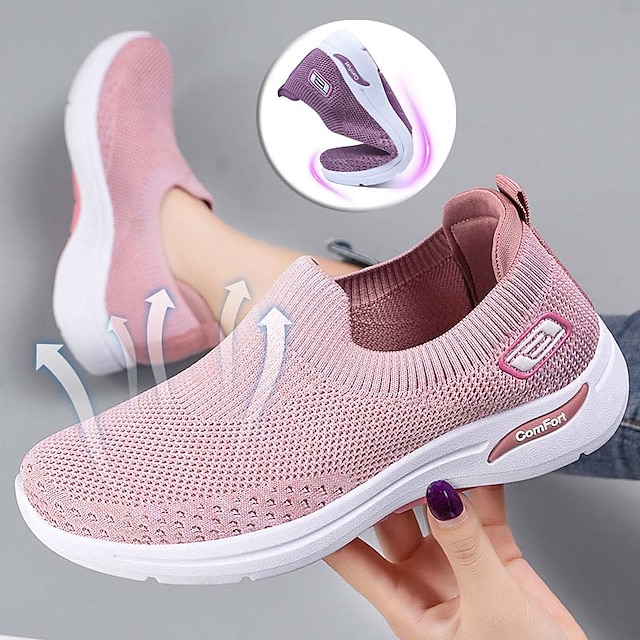  Women's Sneakers Slip-Ons Flyknit Shoes Platform Sneakers Comfort Shoes Athletic Daily Solid Color Wedge Heel Round Toe Casual Comfort Running Tissage Volant Loafer Matte Black Black Light Pink