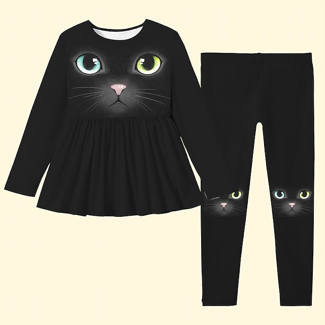  Halloween Girls' 3D Cat T-shirt & Pants Dress Set Clothing Set Long Sleeve 3D Print Fall Winter Active Fashion Daily Polyester Kids 3-12 Years Outdoor Date Vacation Regular Fit