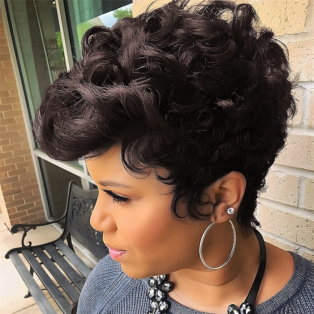  ciemnobrązowe krótkie peruki z fryzurą pixie dla czarnych kobiet kręcone włosy wymiana krótkie czarne warstwowe faliste peruki pixie z grzywką dla czarnych kobiet