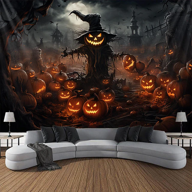 Halloween Decorations Tapestry Jack O Lantern Pumpkin Decor Wall Art Large Hanging Tapestry Mural Photograph Backdrop Blanket Curtain Home Bedroom Living Room Scarecrow Haunted House Graveyard 13