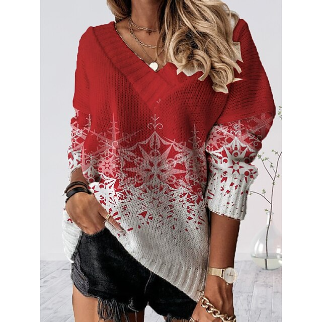  Women's Pullover Sweater Jumper Jumper Crochet Knit Print Tunic V Neck Snowflake Christmas Stylish Casual Drop Shoulder Fall Winter White Wine S M L