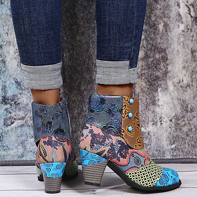 Bohemian Floral Embossed Ankle Boots for Women, Retro Ethnic Style ...