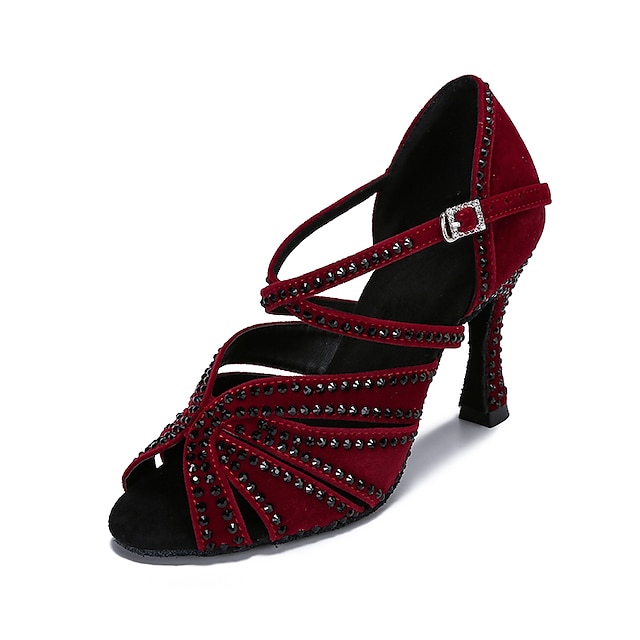  Mujer Zapatos de Baile Latino Profesional Zapatos brillantes Fiesta Elegante Purpurina Tacón Carrete Puntera abierta Hebilla Adulto Rojo Oscuro