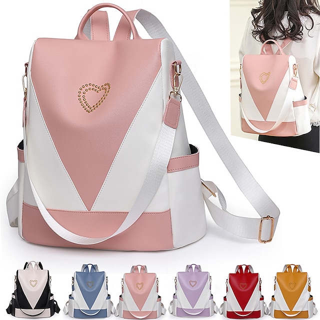  Women's Backpack Commuter Backpack School Daily Color Block PU Leather Adjustable Large Capacity Durable Zipper Black Yellow Pink