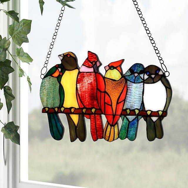  farvede vinduesbeklædninger, dekorative 9 fugle på en wire farvet glas, håndværksfarvet vinduespanel, gaveide til fødselsdag, påske, jul eller enhver lejlighed