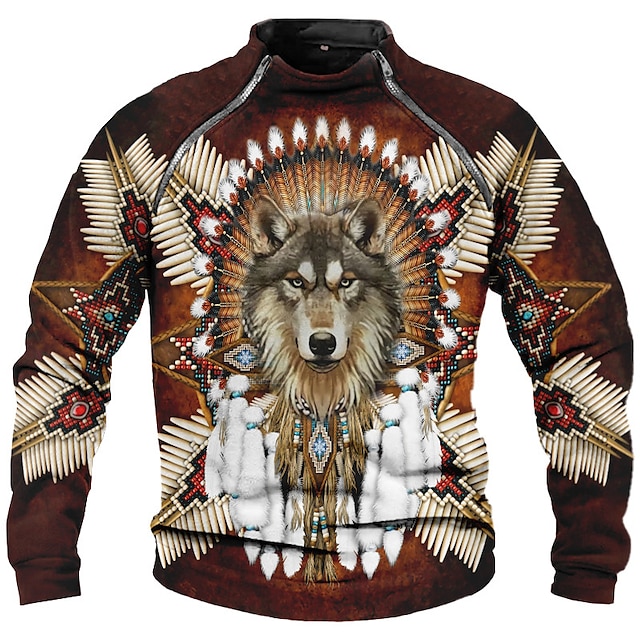  męska graficzna bluza z kapturem native american bluza z zamkiem raglan codzienna etniczna na co dzień zwierząt wilk drukuje bluzy niebieski brązowy zielony z długim rękawem projektant bawełna