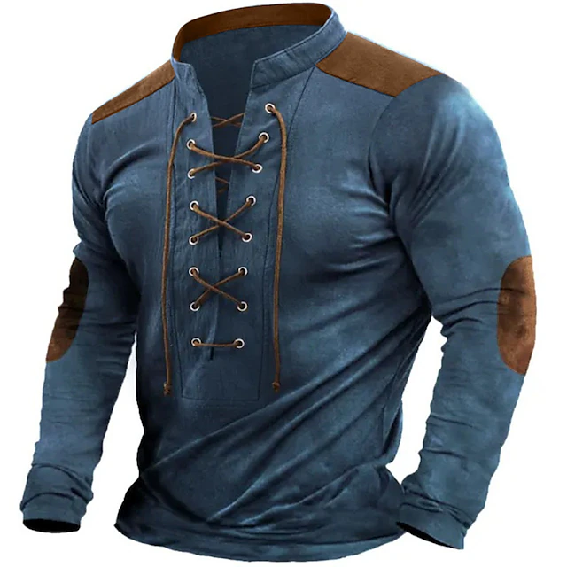 Men's Henley Shirt Tee Top Long Sleeve Henley Summer Patchwork Fashion Designer Basic Lace up Vacation Street Going out Black Blue Brown Top Tee for Men 5