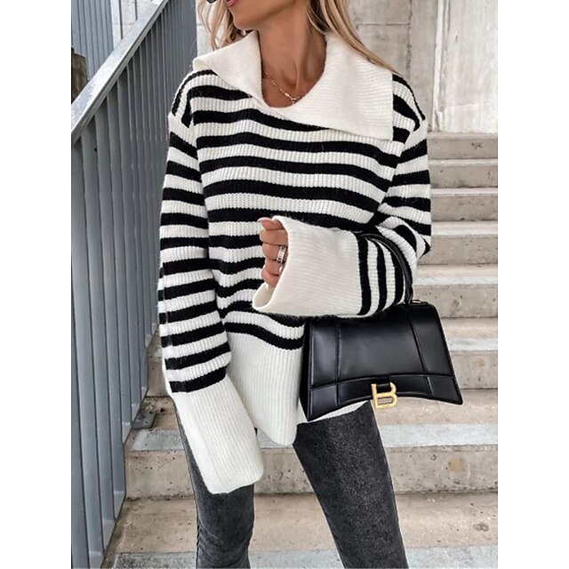  Women's Pullover Sweater Jumper Jumper Ribbed Knit Patchwork Shirt Collar Striped Daily Going out Stylish Casual Fall Winter Black S M L