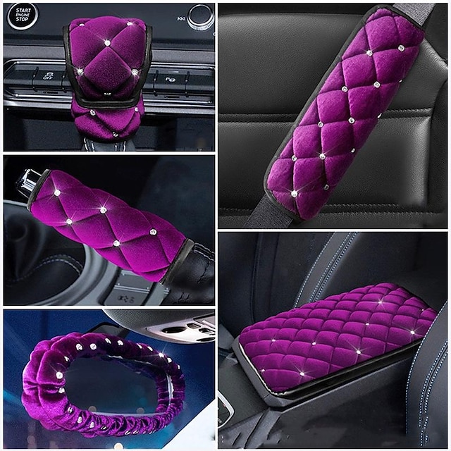  Bling Women Car Interior Accessory Set,Universal Plush Protective Cover for Seatbelt/Shiftgear/Handbreak/Rear Mirror,Armrest Cushion Pad