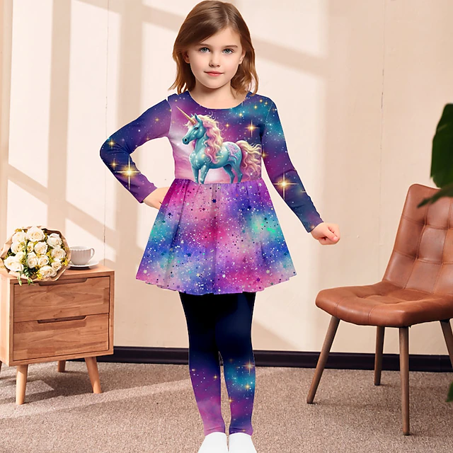 Girls' 3D Graphic Galaxy Unicorn T-shirt & Pants Dress Set Clothing Set Long Sleeve 3D Print Spring Fall Winter Active Fashion Daily Kids 3-12 Years Outdoor Vacation Date Regular Fit 15