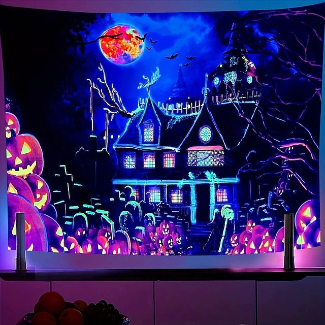 Halloween Decorations Backlight Tapestry Jack O Lantern UV Reactive Hanging Haunted House Home Decoration Background Cloth Art Home Bedroom Living Room 16