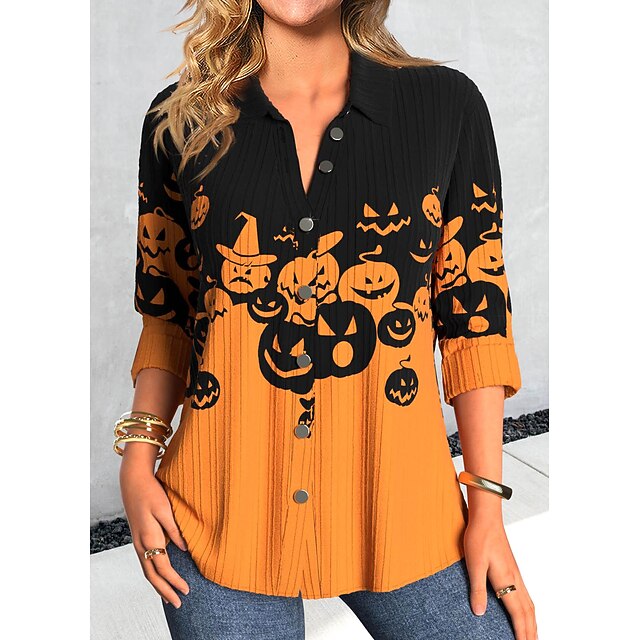 Women's Halloween Shirt Blouse Orange Pumpkin Button Print Long Sleeve