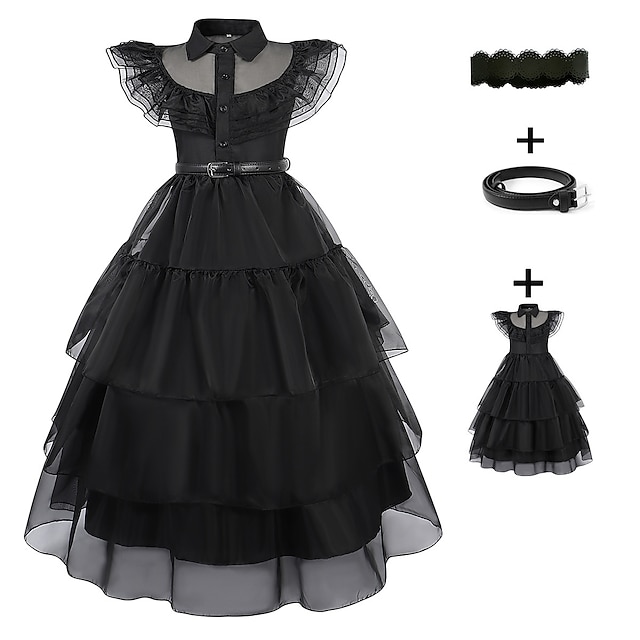  Miércoles Addams familia addams miércoles Vestidos Baile de Máscaras Chica Cosplay de película Cosplay Negro Víspera de Todos los Santos Carnaval Mascarada Vestido Cinturón Collare