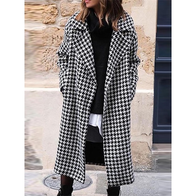 Women's Winter Coat Houndstooth Long Overcoat Open Front Lapel Pea Coat ...