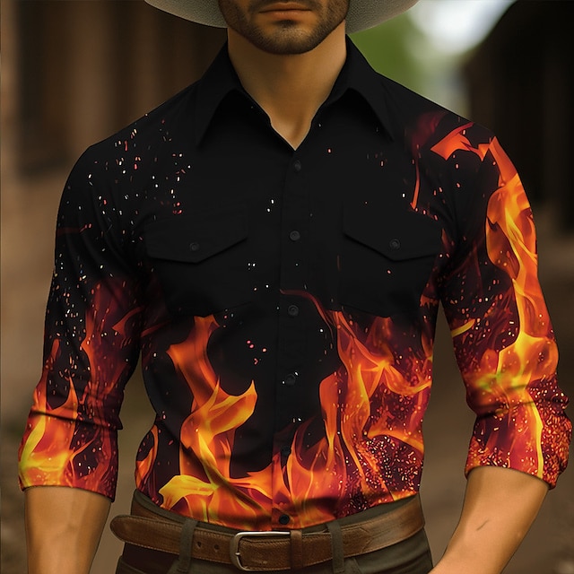  Voor heren Vlam Westers overhemd Overhemd met knopen Cowboyshirt Lange mouw Vintage Westers Dagelijks Herfst winter Strijkijzer Overhemden met kraag 3D-afdrukken Voorvak Rood Groen