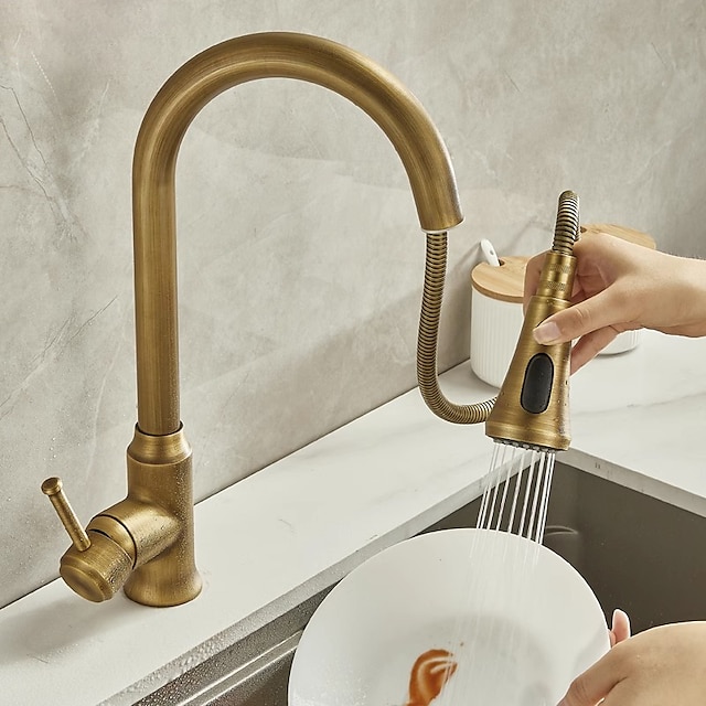  Traditional Kitchen Faucet Pull Out Sink Mixer Vessel Brass Taps, 360 Degree Single Handle Vintage Taps with Cold and Hot Hose