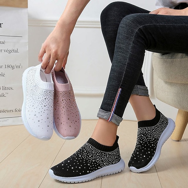  Women's Sneakers Slip-Ons Bling Bling Shoes Plus Size Flyknit Shoes Outdoor Office Work Solid Color Solid Colored Summer Crystal Flat Heel Closed Toe Casual Running Walking Knit Tissage Volant Loafer