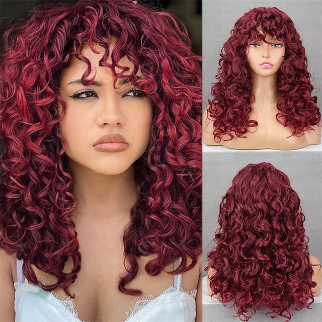  pelucas afro rizadas rojas largas para mujeres negras peluca de vino ondulada esponjosa con flequillo peluca hinchable grande rizada rizada afro para uso diario