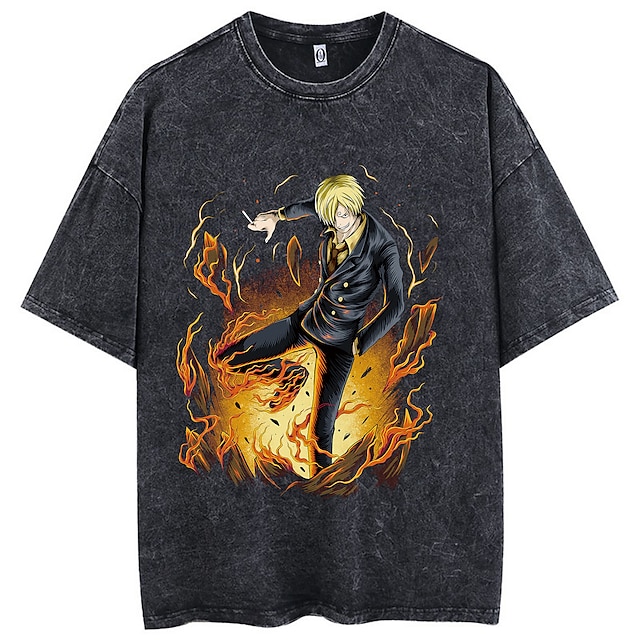  One Piece Sanji T-shirt Oversized Acid Washed Tee Punk Gothic T-shirt Retro Vinatge Street Style Hip Hop Unisex Adults Kids