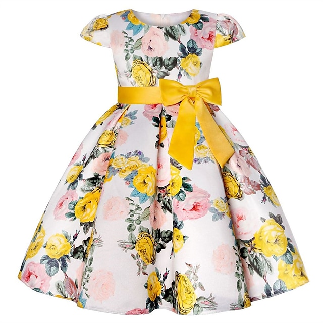  Enfants Fille Robe Robe de Soirée Fleuri Fleur Manche Courte Performance Mariage Occasion Spéciale Froncé Élégant Vacances Mode Polyester Midi Robe de Soirée Robe évasée Robe de patinage Été Printemps