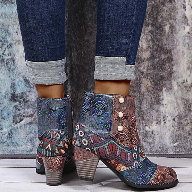 Bohemian Floral Embossed Ankle Boots for Women, Retro Ethnic Style ...