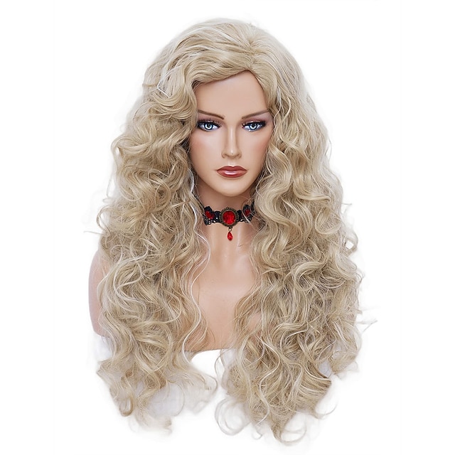  långa vågiga peruker 28 tum naturlig beige blandad blond syntetisk kinky lockigt hår peruk för kvinnor halloween cosplay festperuker